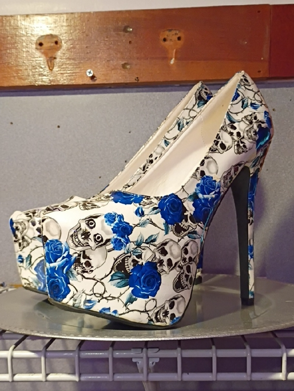 Blue Rose & Skull Platform Stilettos - Women's High Heel Pumps
